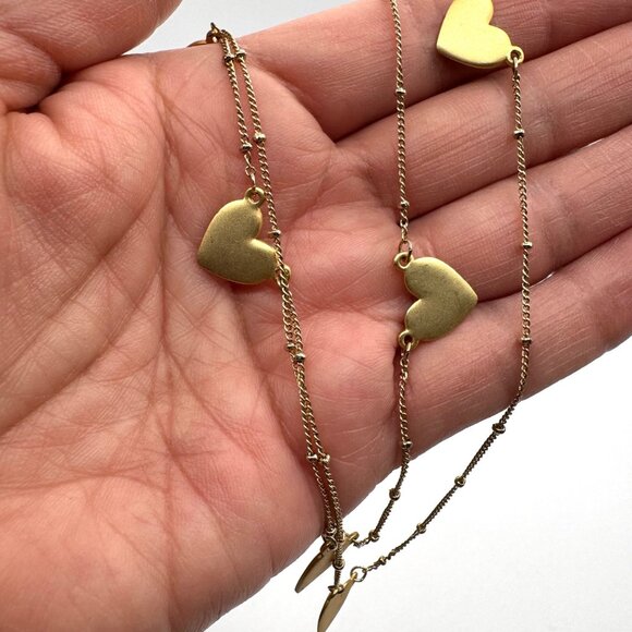 Matte Gold Tone Hearts Double Chain Necklae - Picture 1 of 4